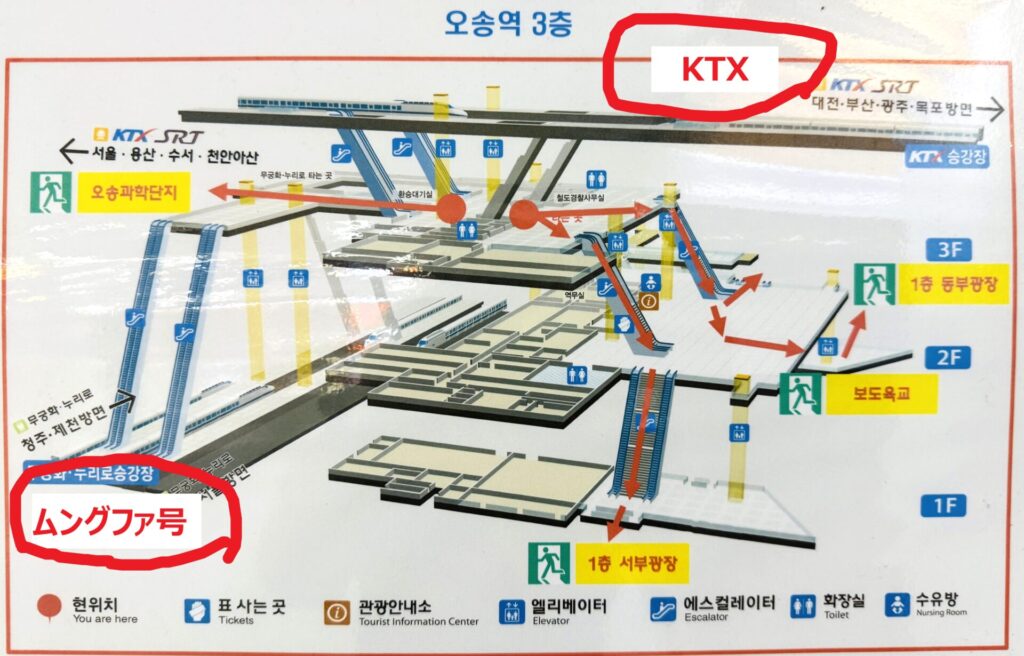 清州空港からソウルに行く手段 オソン駅の見取り図